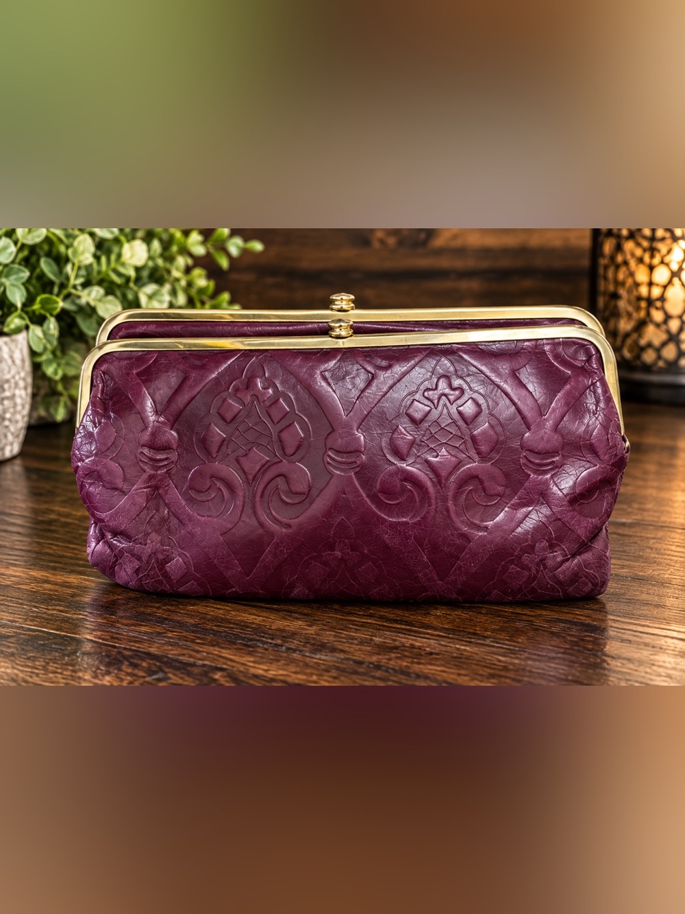 HOBO International Plum Embossed Leather Double Frame Kiss Lock Clutch Wallet
